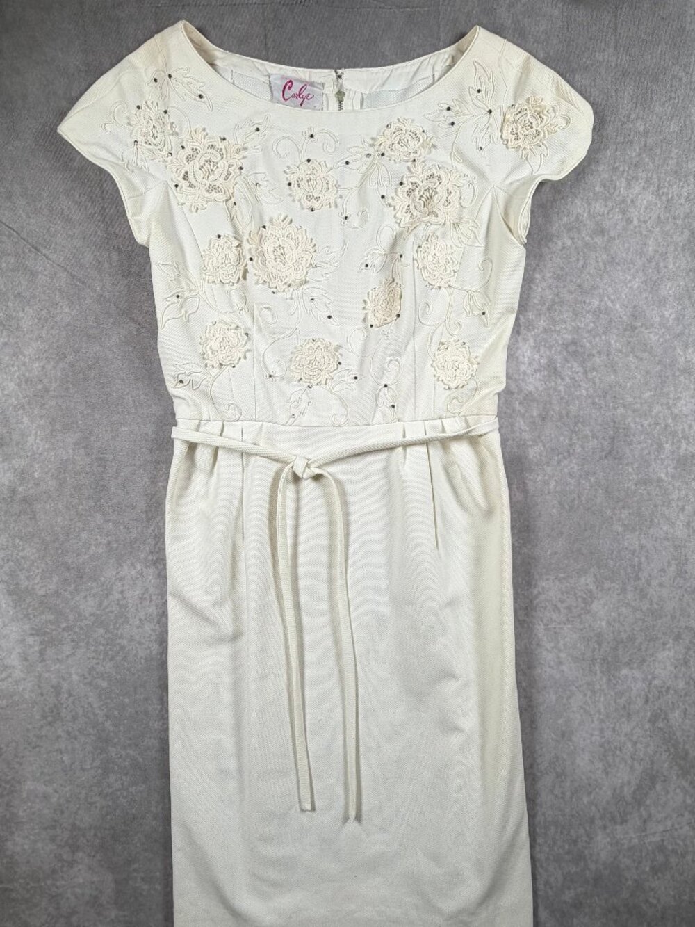 Carlye Vintage Womens Dress Ivory Floral Applique Cap Sleeve XS/S 50s 60s